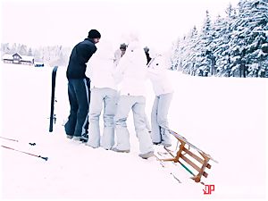 Playful skier Nikky desire takes her trainer's prick in the snow